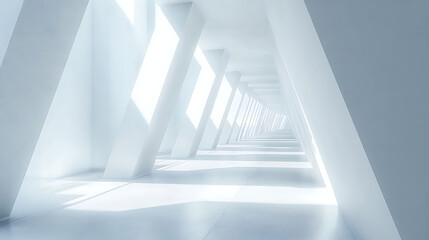 Obraz premium A long, narrow, white room with a lot of windows