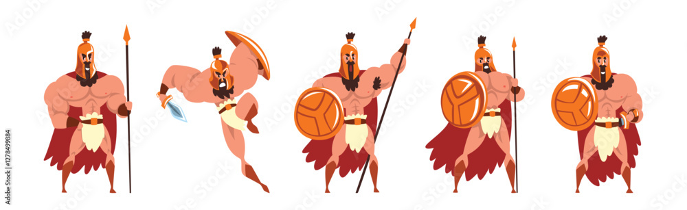 Poster man gladiator as roman warrior character in armor with shield vector set
