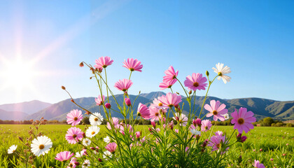 Obraz premium Vibrant cosmos flowers swaying in breeze under bright sunlight, nature's beauty