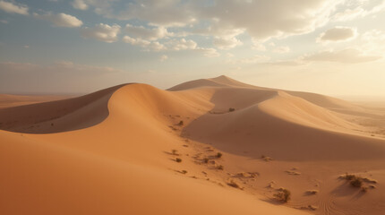 Desert Dunes Under the Clear Sky &ndash; A vast landscape of soft, sweeping sand dunes in the desert, stretching into the horizon under a clear blue sky, capturing the serene beauty.