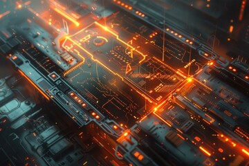 Futuristic circuit board glows, data streams, tech background, digital art