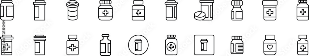 Poster bottle of pills outline simple linear image collection. editable stroke. perfect for web sites, book