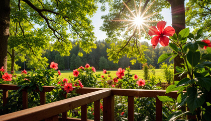 Obraz premium Tropical garden with red hibiscus flowers basking in sunlight, serenity