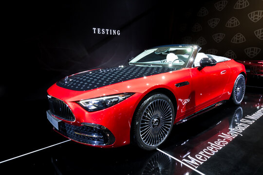 Mercedes Maybach SL 680 Monogram Series (2026) sports car at the Brussels Motor Show. Brussels, Belgium - January 10, 2025.
