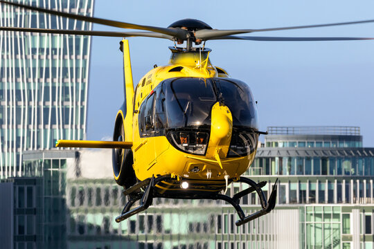Airbus Helicopters H135 (EC135P3H) helicopter arriving at RAI Amsterdam Convention Centre. Amsterdam, The Netherlands - Nov 2, 2024