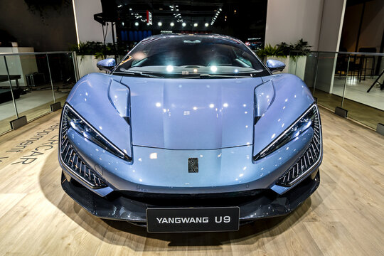 BYD Yangwang U9 (2024) battery electric super-coupe sports car at the Brussels Motor Show. Brussels, Belgium - January 10, 2025.