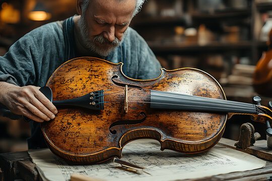 A craftsman creates a unique violin or guitar by carefully polishing the wood and stringing the strings in a vintage workshop.
