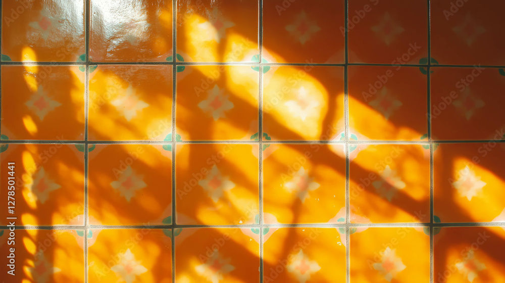 Poster vibrant orange tiles with geometric pattern and playful light shadows