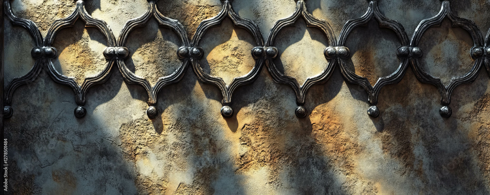 Poster Ornate metal grid pattern on rustic textured stone for architectural design