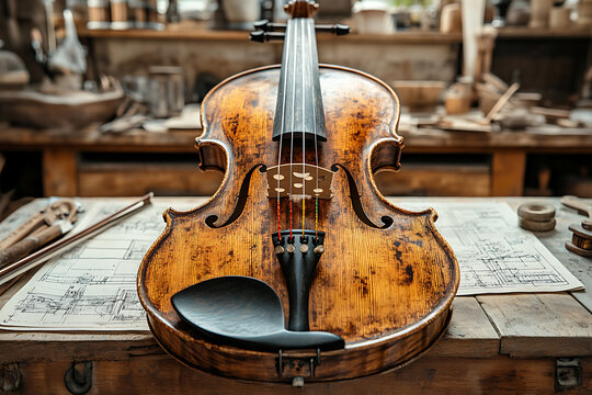 A craftsman creates a unique violin or guitar by carefully polishing the wood and stringing the strings in a vintage workshop.
