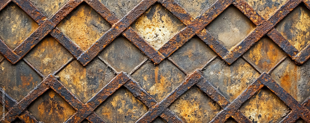 Poster abstract texture of oxidized metal grid on stained concrete surface