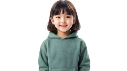 Portrait of a happy beautiful korean kid girl, with short haired bang style, wearing a green hoodie sweater and jeans, front view, mockup concept