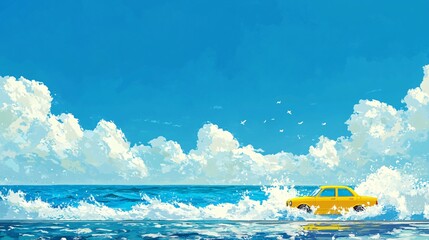 Yellow car on the road against the background of the sea and sky.