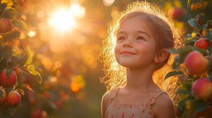 Fototapeta premium Girl looking up at sunlit apple orchard