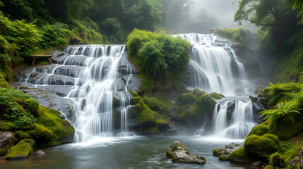 Fototapeta premium Ethereal Japanese Waterfall in Summer Mist