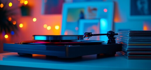 Turntable spinning vinyl record in moody retro neon ambience