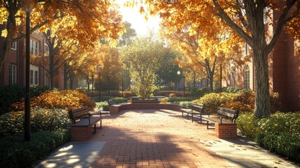 Naklejka premium A tranquil park scene featuring vibrant autumn foliage, benches, and a sunlit pathway, creating a serene and inviting atmosphere.