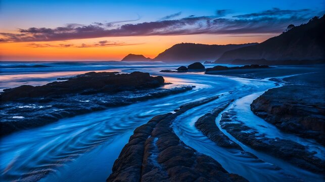 Stunning Twilight Coastal Scene with Flowing Ocean Waves and Rocky Shore