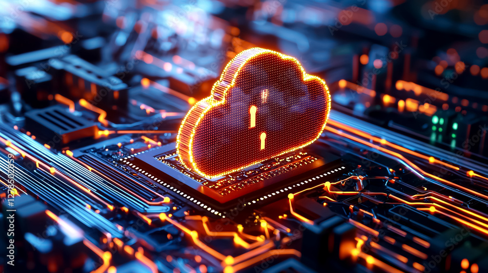 Poster glowing cloud data symbol on circuit board. keywords cloud computing,data storage,cybersecurity,digi