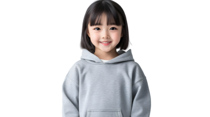 Portrait of a happy beautiful korean kid girl, with short haired bang style, wearing a gray hoodie sweater and jeans, front view, mockup concept