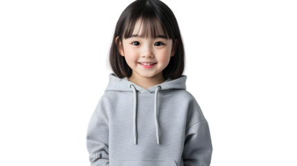 Portrait of a happy beautiful korean kid girl, with short haired bang style, wearing a gray hoodie sweater and jeans, front view, mockup concept