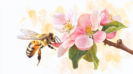 Watercolor Honey Bee Pollinating Flower Digital Illustration