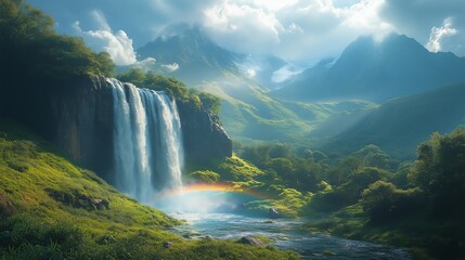 Fototapeta premium A lush green landscape with a waterfall and a rainbow in the sky
