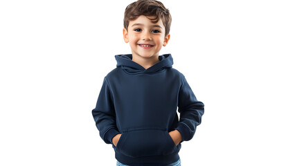 Portrait of a happy handsome american kid boy, wearing a navy blue hoodie sweater and jeans, front view, mockup concept