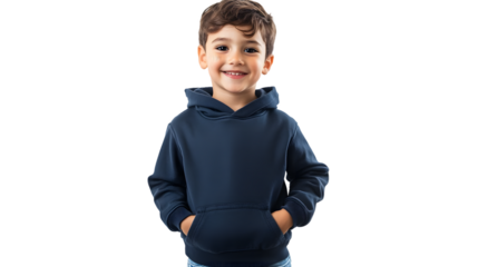 Portrait of a happy handsome american kid boy, wearing a navy blue hoodie sweater and jeans, front view, mockup concept