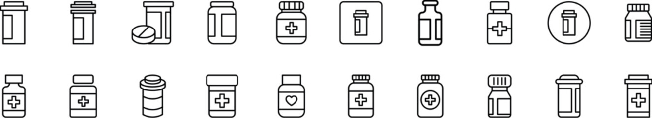 Bottle of Pills Related Icon Set. Editable Stroke. Perfect for Web Sites, Books, Cards, Apps