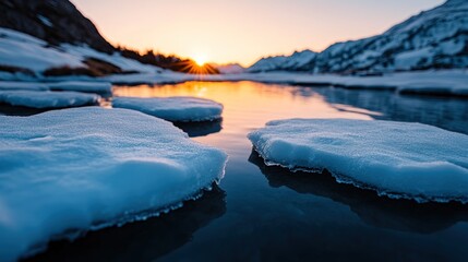 Sunset ice floes, mountain lake, winter landscape, serenity