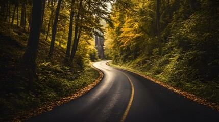 Fototapeta premium Winding Transylvanian Road Through Ancient Autumnal Forest with Looming Gothic Castle