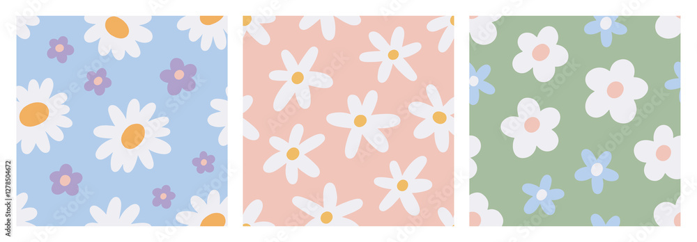 Poster groovy flower patterns set. seamless endless background, floral repeating print. summer botanical te