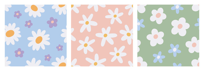 Groovy flower patterns set. Seamless endless background, floral repeating print. Summer botanical texture in hippie style for fabric, textile, wallpaper, wrapping design. Flat vector illustration
