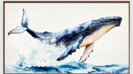 Humpback Whale Breaching Ocean Surface Watercolor Painting