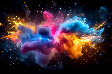 Intense cloud of fog in fiery orange and red, with sharp colorful streaks of blue and yellow, blending into soft pastels across a darkened background, abstract design