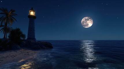 Night lighthouse, moonlit beach, ocean