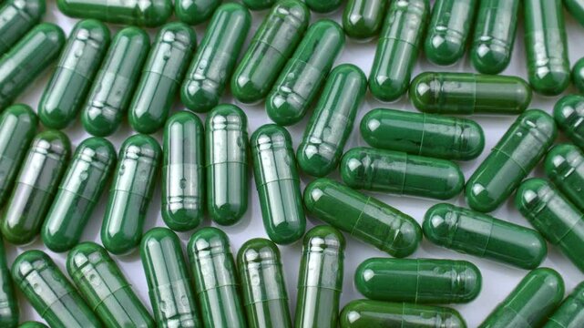 Chlorella or spirulina algae green powder capsules circle rotation close up. Dietary supplement to improve health. Seaweed superfood. Healthy food background. Vitamins and minerals to diet detox