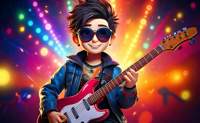 Obraz premium Cool Rockstar Kid with Electric Guitar – Vibrant Concert Scene