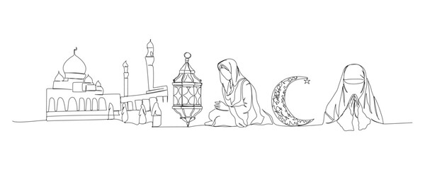 Obraz premium Set of Muslim house of prayer, square near the mosque, visitors, believers, architecture one line art. Continuous line drawing of online Muslims, Islam, traditions, clothing, folk, oriental.