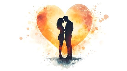 Fototapeta premium Silhouette of Romantic Couple Embracing in Front of Sunset Heart