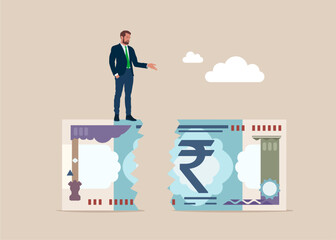 The rupee banknote is torn. Young businessman in heavy at financial chasm. Lose investment in financial crisis, profit and loss in business or deflation and inflation. Flat vector illustration