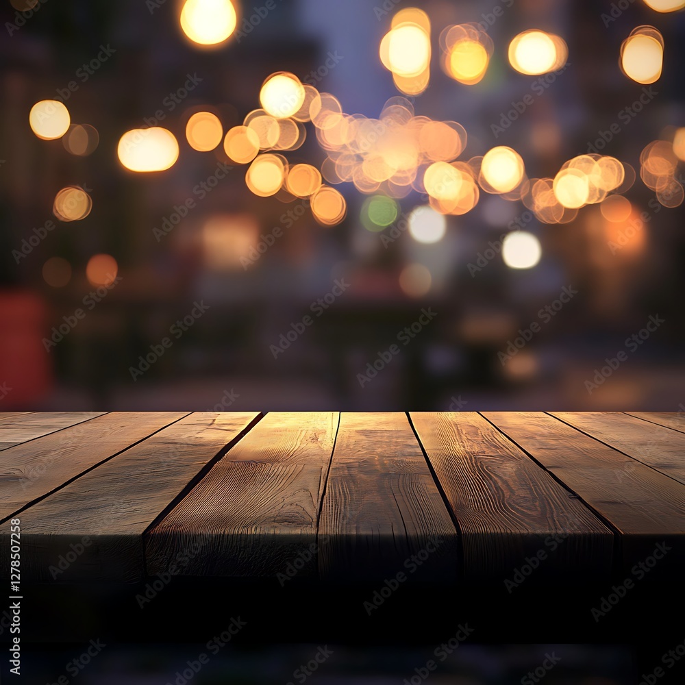 Poster empty wooden table and coffee shop blur background with bokeh image.