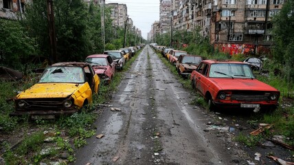 Fototapeta premium A street filled with abandoned vehicles, their windows smashed, overgrown weeds creeping through the asphalt