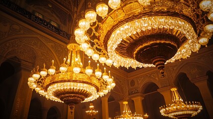 Obraz premium Ornate Golden Chandeliers Illuminate Elaborate Architectural Interior with Warm Glow