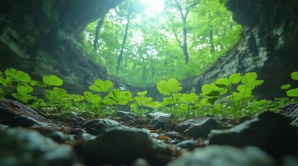 Emerging Plants in a Rocky Cave Environment