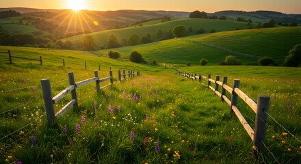 Obraz premium Idyllic Countryside Landscape – Rolling Hills & Wildflower Meadows