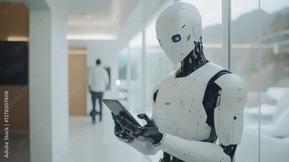 Poster robot engaging with technology in a modern office space futuristic environment close-up view