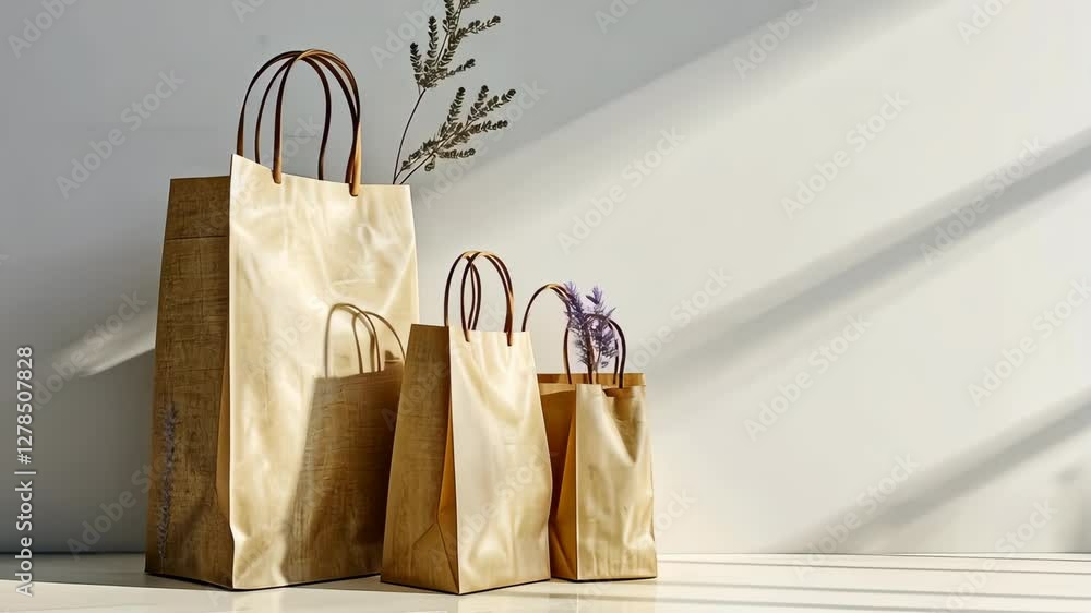 Poster display of various sized paper bags holding delicate branches, adding a touch of nature to a minimal