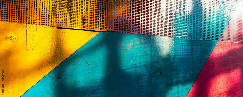 Poster vibrant geometric patterns on painted wall with plastic mesh texture